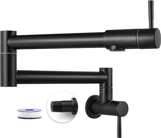 Matte Black Pot Filler 19 Inch Wall Mount Folding Stretchable Kitchen Restaurant Faucet Stainless Steel Pot Filler with Double Joint Swing Arm Single Hole Two Handles Commercial NPT