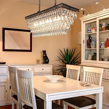 Dining Room Crystal Chandelier,30 inch Antique Bronze Rectangle Crystal Ceiling Light,4 Lights Farmhouse Kitchen Island Lighting