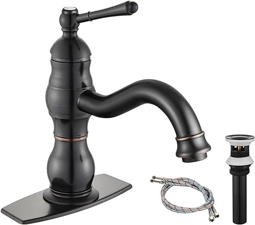 Oil Rubbed Bronze Bathroom Sink Faucet 1 Hole Single Handle Vanity Mixer Tap Deck Mount Lavatory Pop Up Drain with Overflow Included Commercial Bathroom Faucet Single Handle Bathroom Sink Faucet