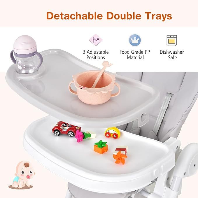 Foldable Highchair for Babies and Toddlers, Detachable Trays & PU Leather Seat Cushion