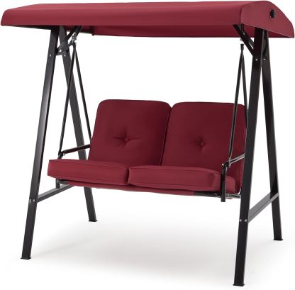 2-Seat Outdoor Patio Swing Chair, Canopy Swing with Removable Cushions & Adjustable Canopy & Steel Frame for Garden, Porch, Balcony, Backyard, Red
