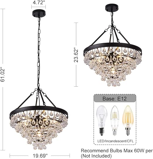 Modern Crystal Chandeliers, 6 Lights Black Chandeliers for Dining Room, Farmhouse Ceiling Light Fixture for Foyer, Bedroom, Living Room, Entryway, Kitchen Island, 20”Dia