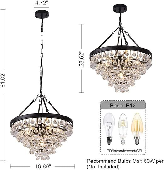 Modern Crystal Chandeliers, 6 Lights Black Chandeliers for Dining Room, Farmhouse Ceiling Light Fixture for Foyer, Bedroom, Living Room, Entryway, Kitchen Island, 20”Dia