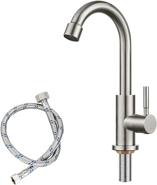 Cold Water Only Kitchen Faucet Brushed Nickel Single Handle 1 Hole 360 Degree Swivel Spout Deck Mount High Arc SUS304 Stainless Steel Sink Bar Tap Goose Neck with Hose(Drain Not Included)