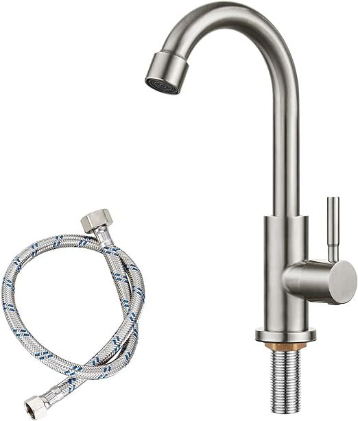 Cold Water Only Kitchen Faucet Brushed Nickel Single Handle 1 Hole 360 Degree Swivel Spout Deck Mount High Arc SUS304 Stainless Steel Sink Bar Tap Goose Neck with Hose(Drain Not Included)