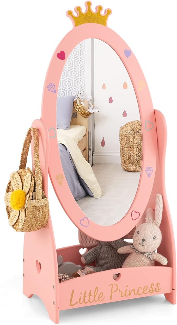 Free-Standing Dressing Mirror w/Bottom Shelf & Storage Box