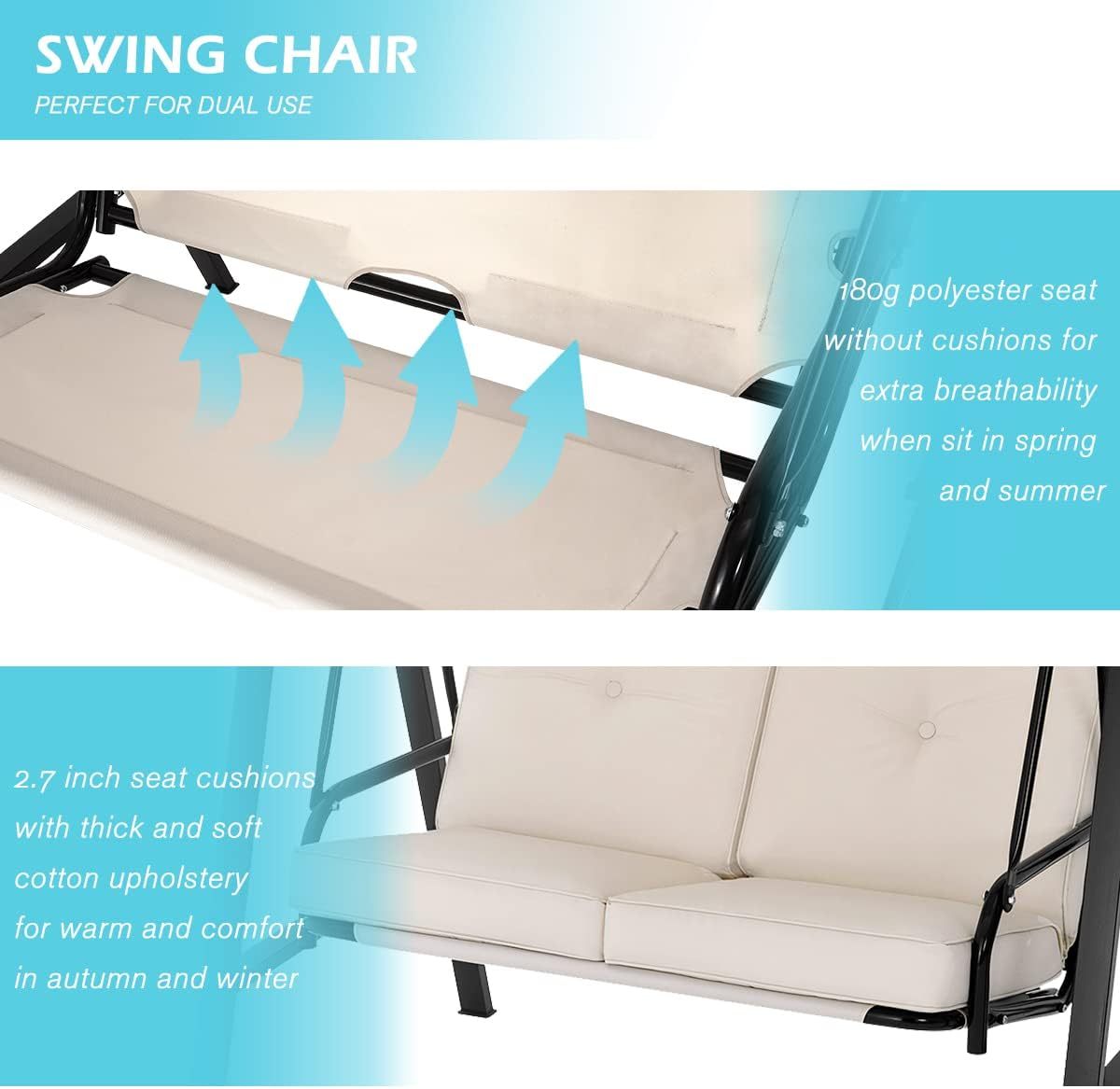 2-Seat Porch Swing Chair, Patio Swing Chair with Stand and Removable Cushions, Outdoor Canopy Swing Chair for Outside, Backyard, Garden(Beige Cushion&Steel Frame)