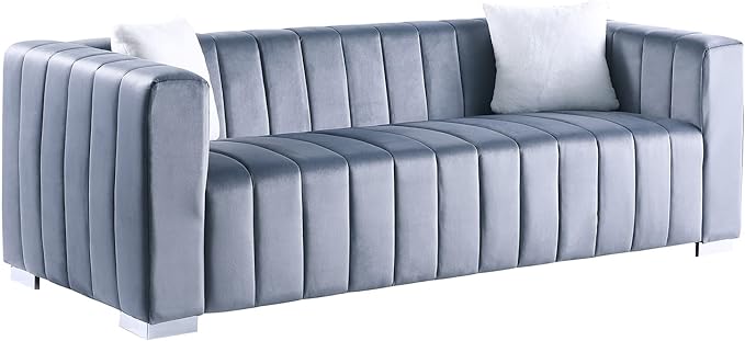 Channel Tufted Velvet 3-Seater Sofa Couch with 2 Pillows, Square Arms & Gold Metal Legs