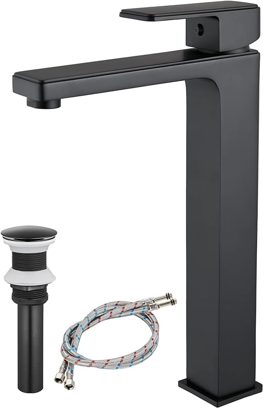 Vessel Sink Faucet Bathroom Sink Faucet Tall Body Vessel Bowl Tap Single-Hole Deck Mount Lavatory Vanity Mixer Bar Tap Tall Spout Brass Tall Bathroom Faucet,Matte Black,with Drain