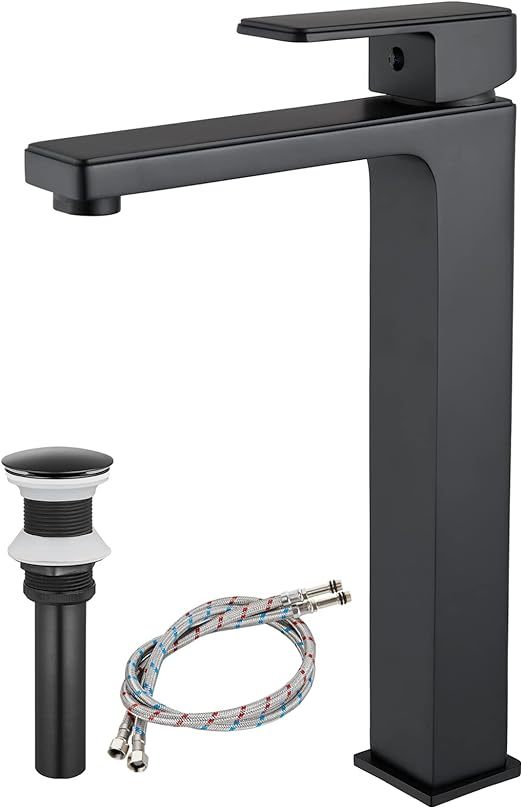 Vessel Sink Faucet Bathroom Sink Faucet Tall Body Vessel Bowl Tap Single-Hole Deck Mount Lavatory Vanity Mixer Bar Tap Tall Spout Brass Tall Bathroom Faucet,Matte Black,with Drain