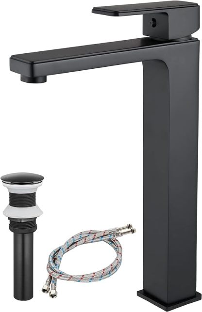 Vessel Sink Faucet Bathroom Sink Faucet Tall Body Vessel Bowl Tap Single-Hole Deck Mount Lavatory Vanity Mixer Bar Tap Tall Spout Brass Tall Bathroom Faucet,Matte Black,with Drain