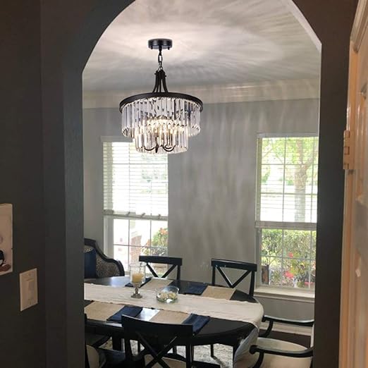 Crystal Chandelier, Modern 5 Light Foyer Chandeliers, Hanging Black Pendant Lights with Prism Crystal Shades, Farmhouse Ceiling Lighting Fixture for Kitchen Island, Dining Living Room, Bedroom