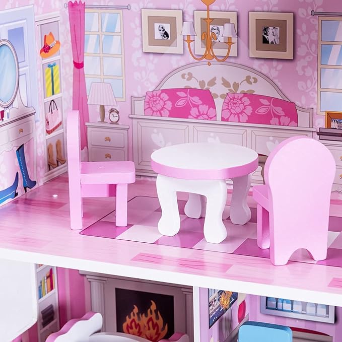 Dollhouse with 8 Pcs Furniture, 3-Level Wooden Dream Doll House