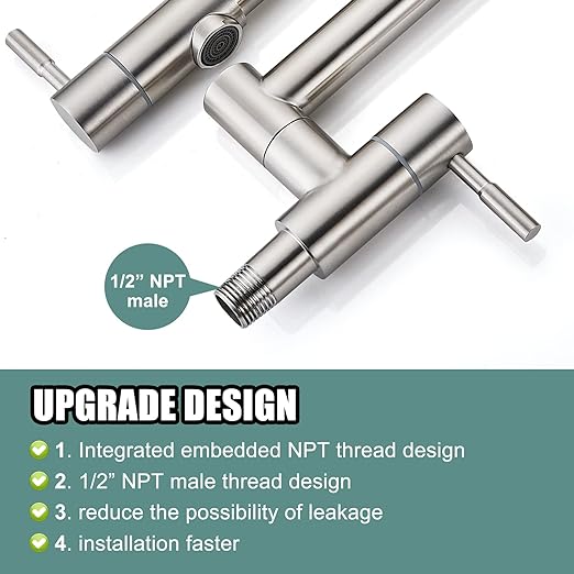 19" Pot Filler Brushed Nickel Wall Mounted Folding Stretchable Kitchen Restaurant Faucet with Double Joint Swing Arm Single Hole Two Handles Commercial NPT Stainless Steel Stove Tap