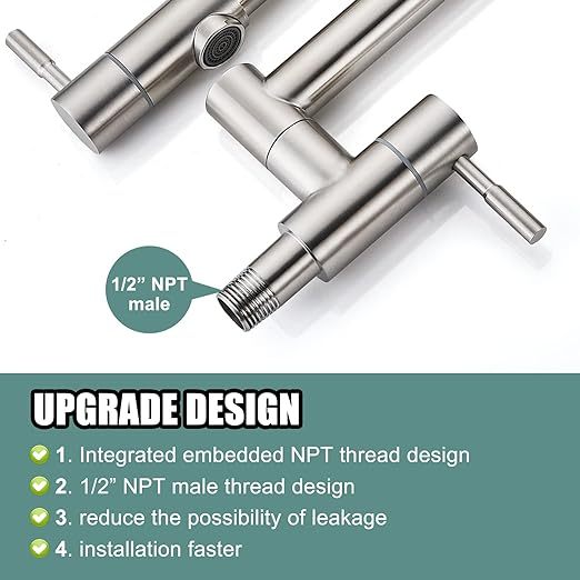 19" Pot Filler Brushed Nickel Wall Mounted Folding Stretchable Kitchen Restaurant Faucet with Double Joint Swing Arm Single Hole Two Handles Commercial NPT Stainless Steel Stove Tap