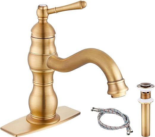 Antique Brass Bathroom Sink Overflow Faucet Single Hole One Handle with Pop Up Drain Assembly Deck Mount Single Handle Bathroom Sink Faucet Vanity Mixer Tap Lavatory Included