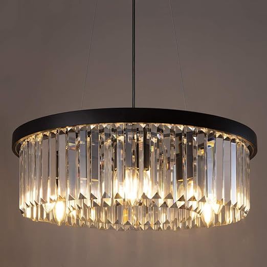 Modern Crystal Chandelier for Dining Room, 6 Lights Black Farmhouse Crystal Pendant Light, Vintage Ceiling Lighting Fixture for Kitchen Island, Living Room, Bedroom, Hallway, Foyer, W-21.65”
