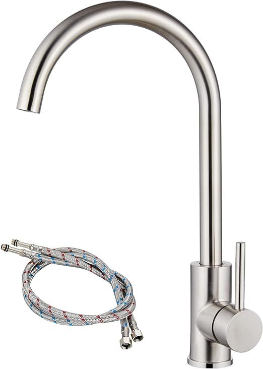 Brushed Nickel Kitchen Faucet Cold and Hot Water Single Hole 360 Degree Swivel Spout Deck Mount High Arc SUS304 Sink Bar Tap Goose Neck