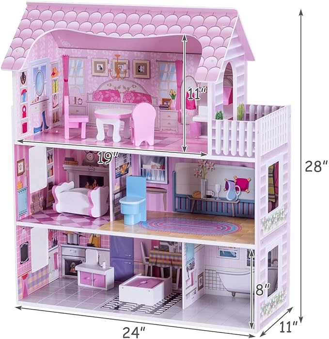 Dollhouse with 8 Pcs Furniture, 3-Level Wooden Dream Doll House