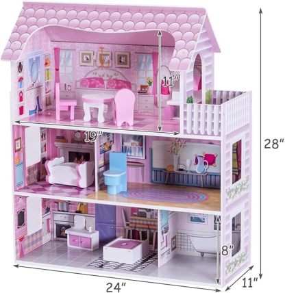 Dollhouse with 8 Pcs Furniture, 3-Level Wooden Dream Doll House