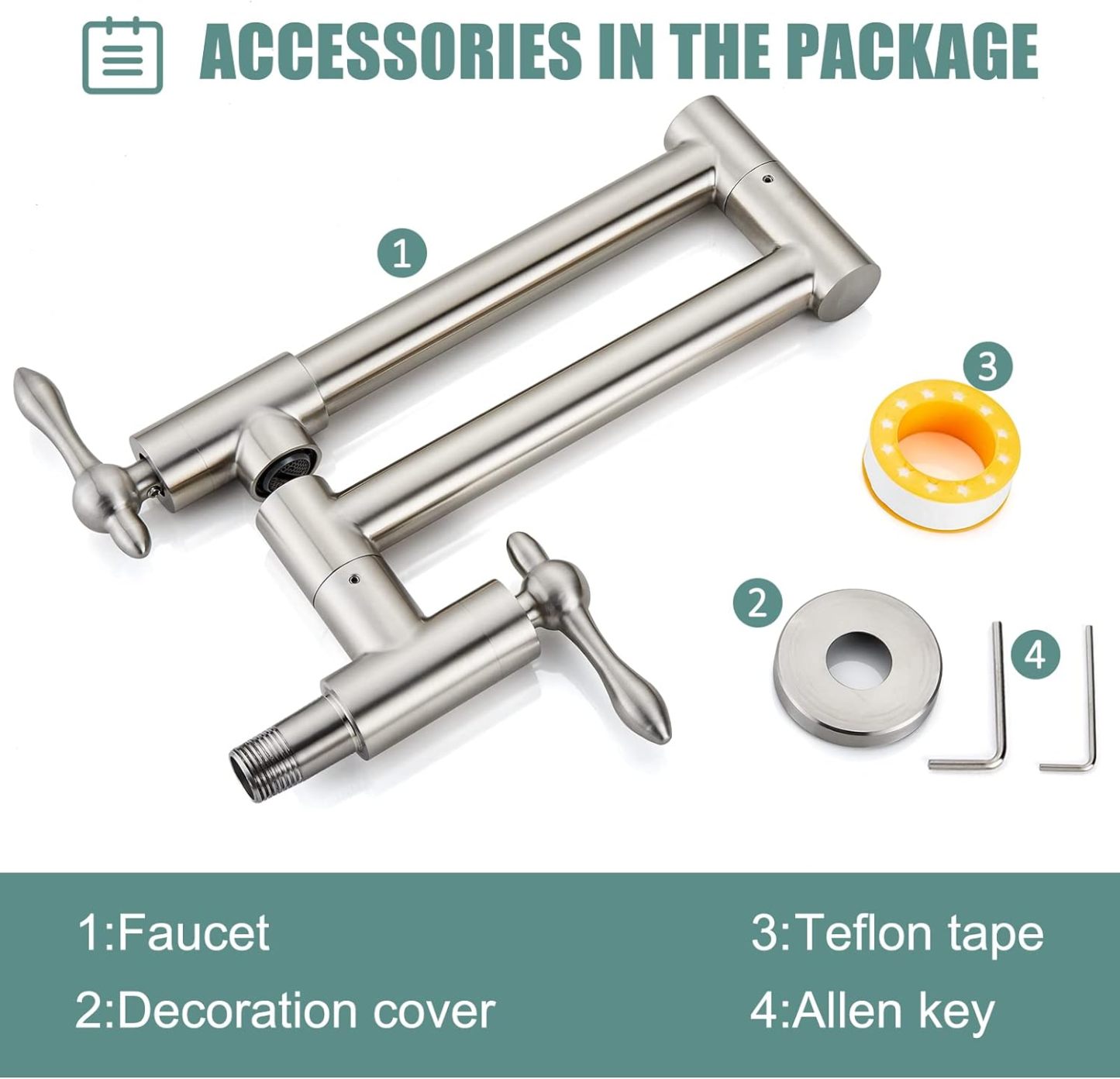 Pot Filler Faucet Stainless Steel SUS304 Brushed Nickel Double Joint Spout Stretchable Swing Arm with Single Hole 19 Inch Two Handles Wall Mounted Commercial Kitchen Faucet