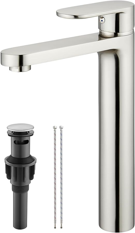 Brushed Nickel Vessel Sink Bathroom Tall Faucet One Hole Single Handle Basin Mixer Tap Lavatory Vanity Brass Pop Up Drain Included Deck Mount Modern Tall Bathroom Faucet