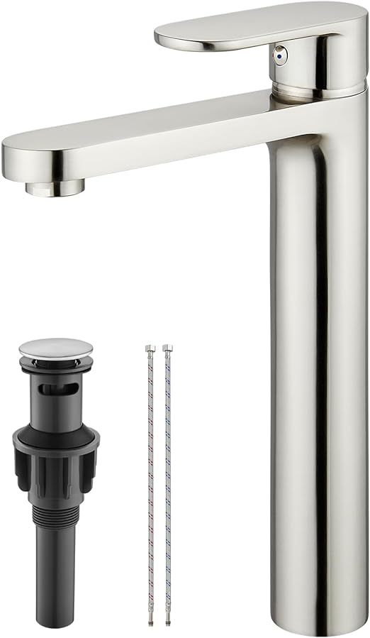 Brushed Nickel Vessel Sink Bathroom Tall Faucet One Hole Single Handle Basin Mixer Tap Lavatory Vanity Brass Pop Up Drain Included Deck Mount Modern Tall Bathroom Faucet