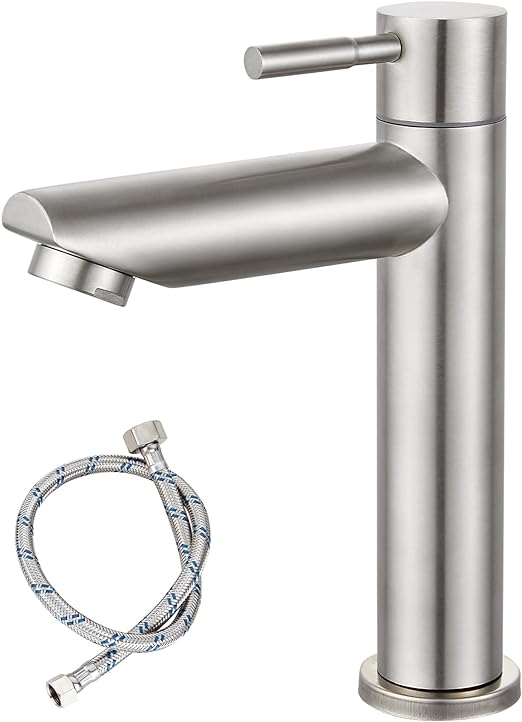 Cold Water Only Bathroom Sink Faucet Stainless Steel SUS304 Brushed Nickel Single Handle One Hole Deck Mount Lavatory Faucet (Drain Not Included)