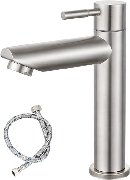 Cold Water Only Bathroom Sink Faucet Stainless Steel SUS304 Brushed Nickel Single Handle One Hole Deck Mount Lavatory Faucet (Drain Not Included)