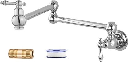 Kitchen Pot Filler Faucet Wall Mount Two Handles Single Hole Heyalan Strechable Arm Polished Chrome SUS304 Stainless Steel Double Connectors Folding Modern 360 Degrees Rotation