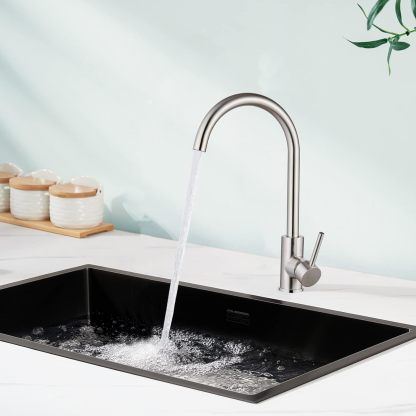 Brushed Nickel Kitchen Faucet Cold and Hot Water Single Hole 360 Degree Swivel Spout Deck Mount High Arc SUS304 Sink Bar Tap Goose Neck