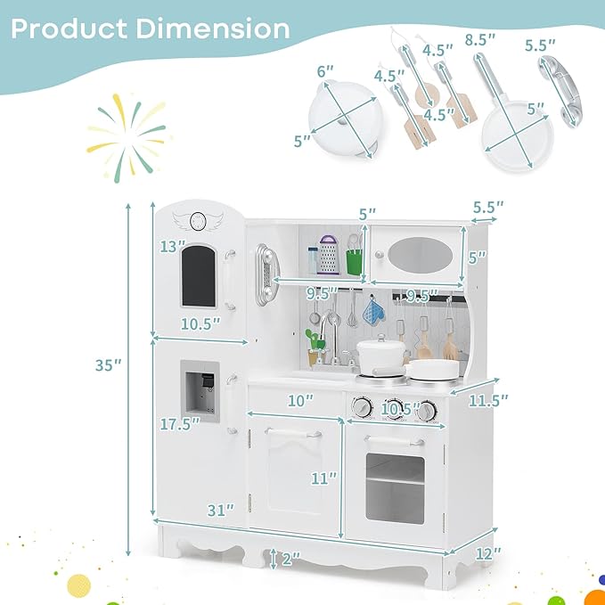 Kids Kitchen Playset, Wooden Pretend Play Kitchen for Toddlers