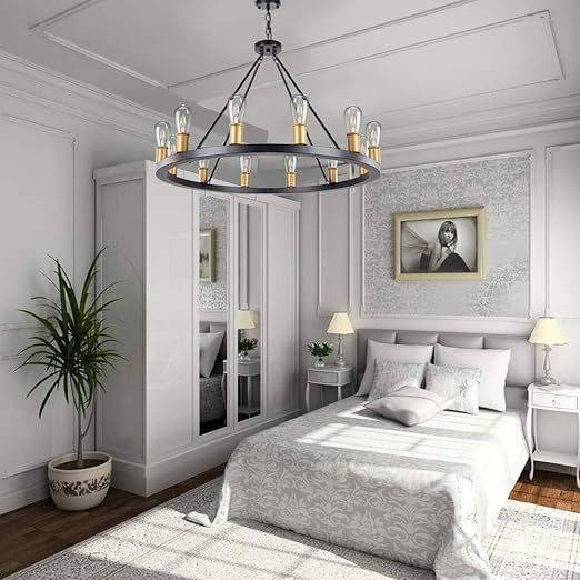 Farmhouse Chandelier,12 Lights Black Wagon Wheel Large Chandelier for Kitchen Island,Hanging Modern Farmhouse Pendant Light