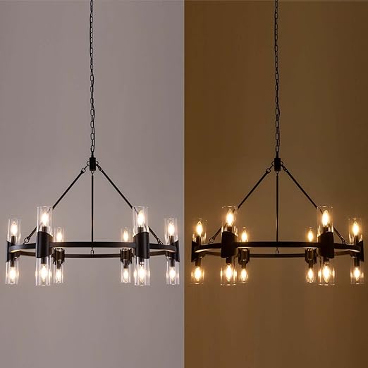 Black Farmhouse Chandelier 38 inch, 12 Lights Modern Wagon Wheel Chandeliers for Dining Room Entryway