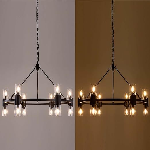 Black Farmhouse Chandelier 38 inch, 12 Lights Modern Wagon Wheel Chandeliers for Dining Room Entryway