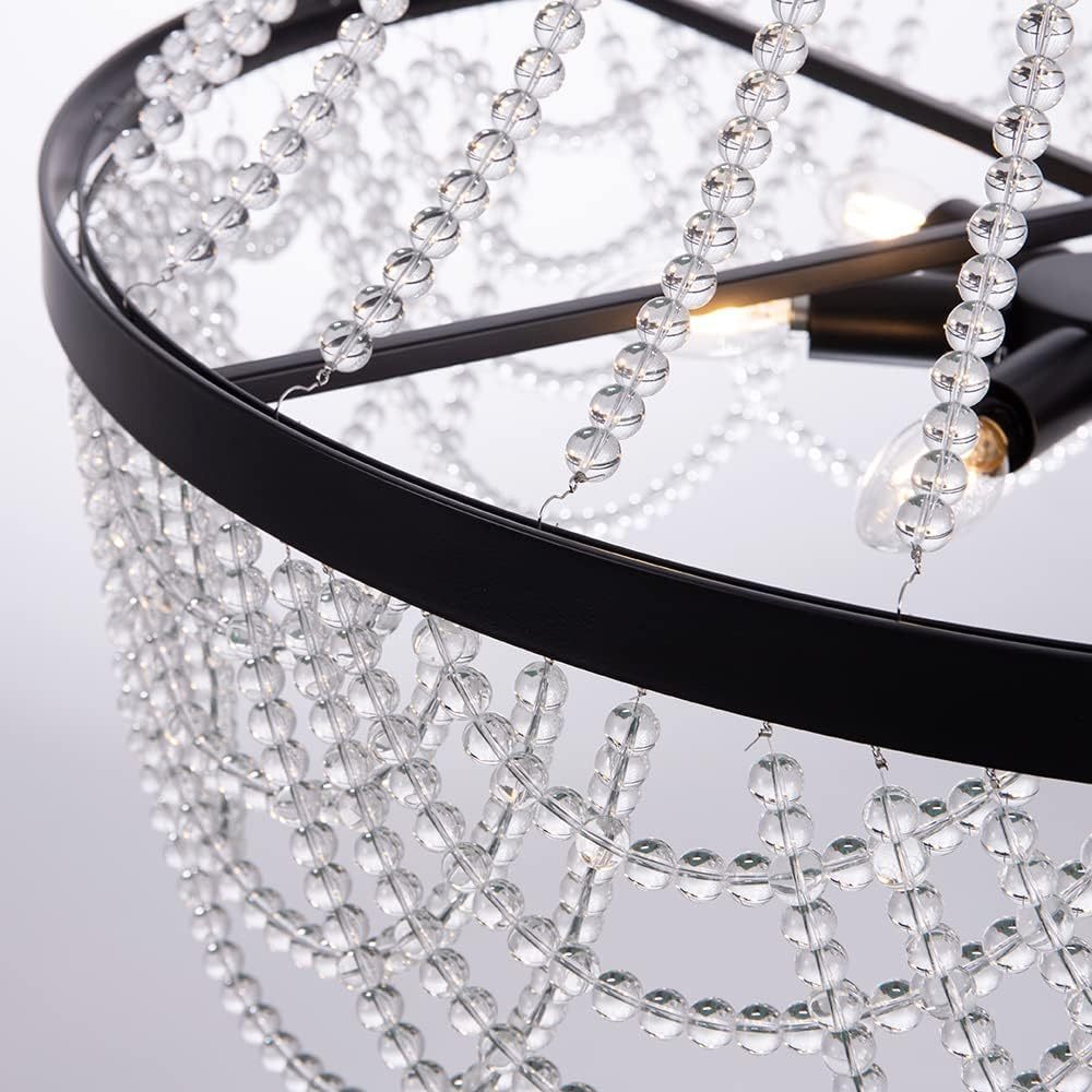 Black Beaded Chandelier 27inch, 4 Lights Modern Crystal Chandelier, Boho Light Fixture Ceiling for Bedroom Foyer Dining Room, French Empire Chandelier Lighting with Glear Glass Bead