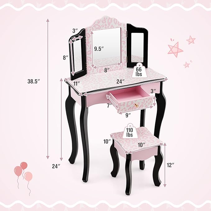 Kids Vanity, Princess Makeup Vanity Set for Little Girls, Real Glass Tri-Folding Mirror