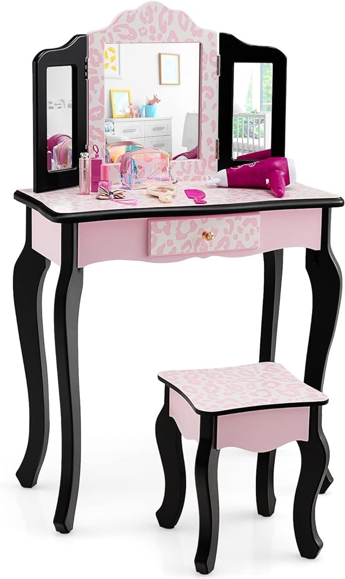 Kids Vanity, Princess Makeup Vanity Set for Little Girls, Real Glass Tri-Folding Mirror