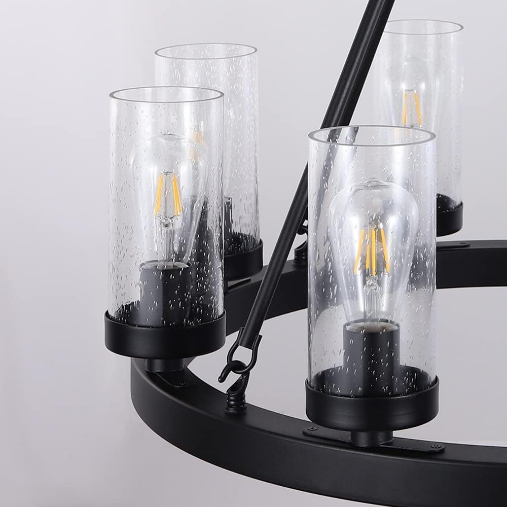 Matte Black Wagon Wheel Chandeliers Bubble Glass Shade, Farmhouse 30” 8-Light Iron Chandelier, Industrial Rustic Hanging Ceiling Light Dining Room Kitchen Bedroom Living Room Foyer Hallway