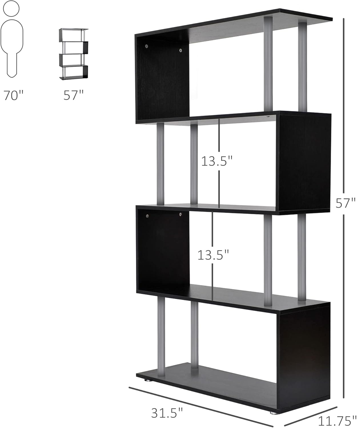 Modern S-Shaped 5 Tier Room Dividing Bookcase Wooden Storage Display Stand Shelf