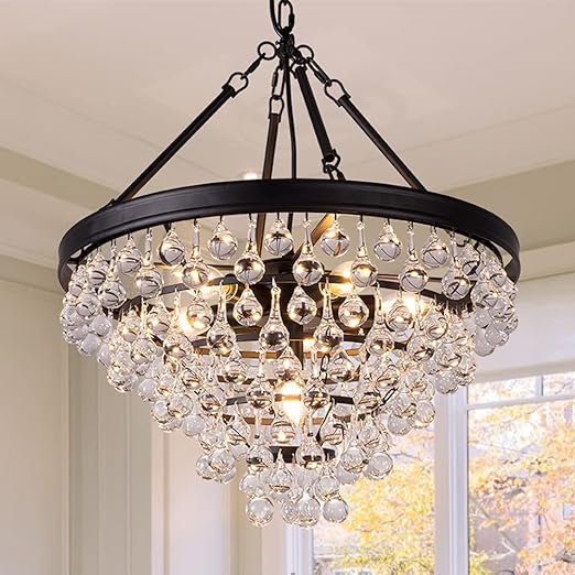 Modern Crystal Chandeliers, 6 Lights Black Chandeliers for Dining Room, Farmhouse Ceiling Light Fixture for Foyer, Bedroom, Living Room, Entryway, Kitchen Island, 20”Dia