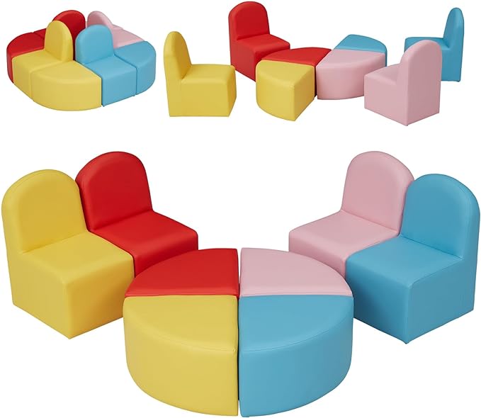 Kids Sofa Seating Set Convert to Table and 4 Chairs Colorful Stools