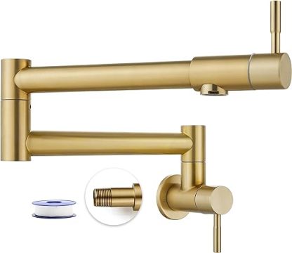 Brushed Gold Pot Filler Faucet 19 Inch Folding Stretchable Wall Mount Kitchen Restaurant Faucet SUS304 Stainless Steel with Double Joint Swing Arm Single Hole Two Handles Commercial NPT