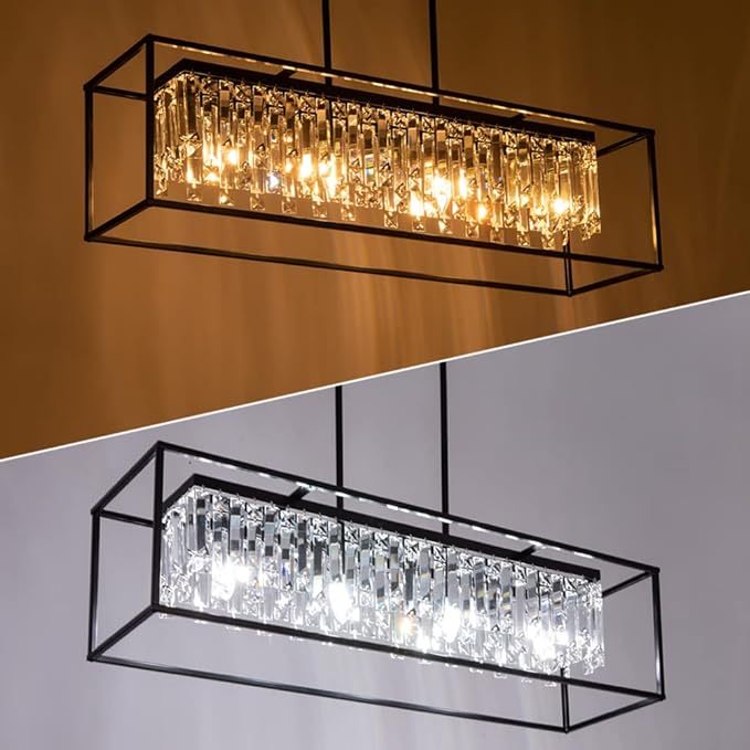 Farmhouse Chandelier for Kitchen Island Light with K9 Crystal, Black Rectangle Dining Room Lighting Fixtures Hanging