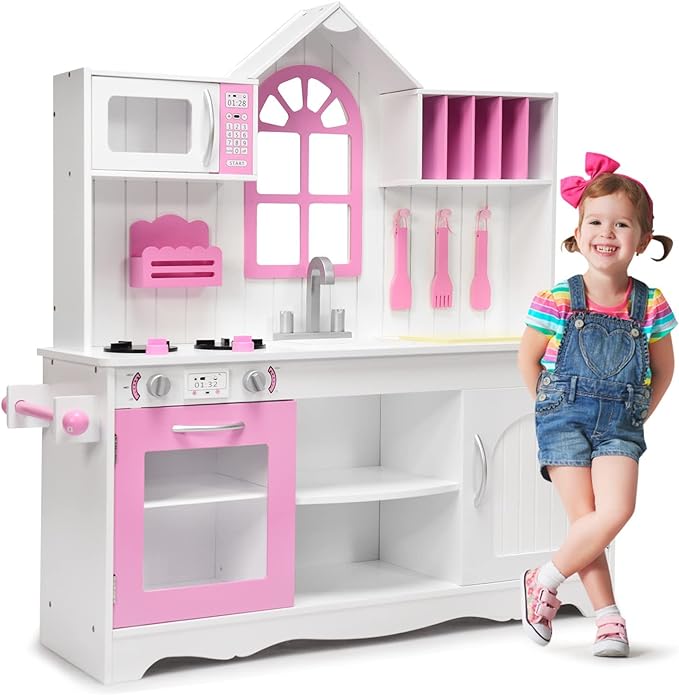 Pink Kids Kitchen Playset, 43 Inch Rooftop Wooden Play Kitchen for Toddlers