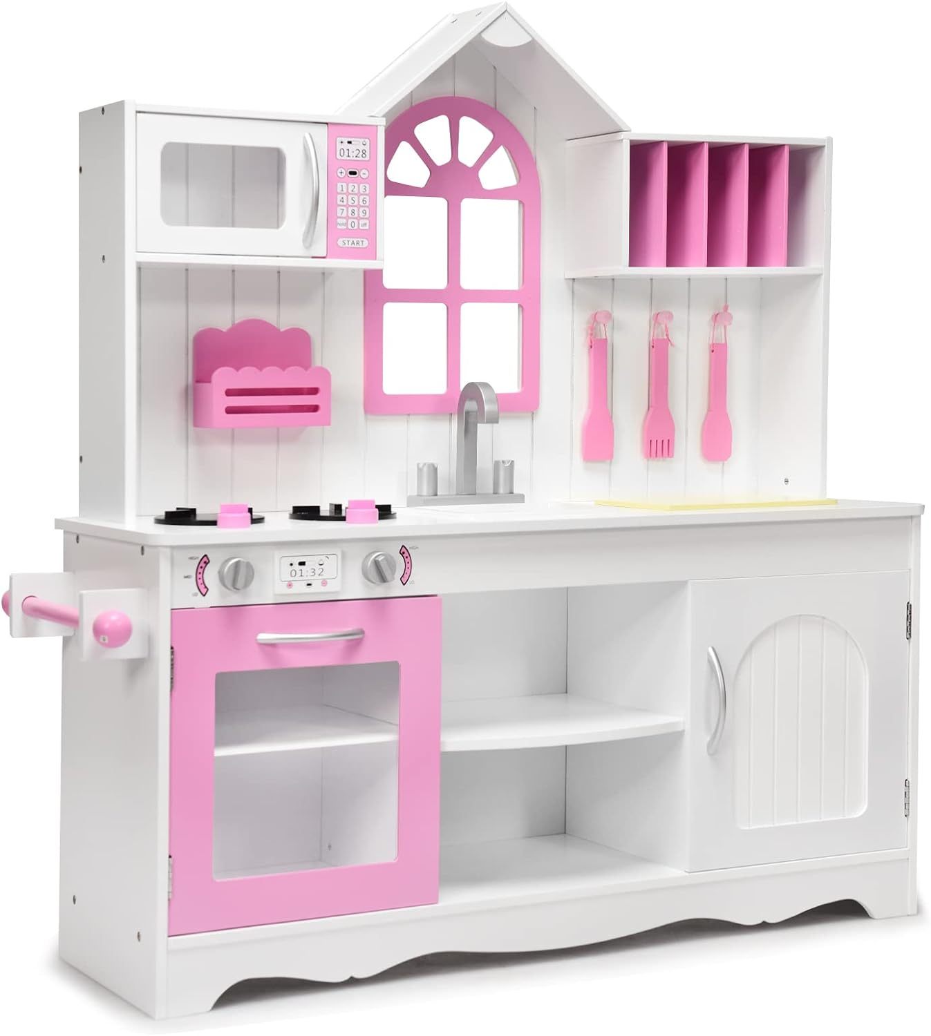 Pink Kids Kitchen Playset, 43 Inch Rooftop Wooden Play Kitchen for Toddlers
