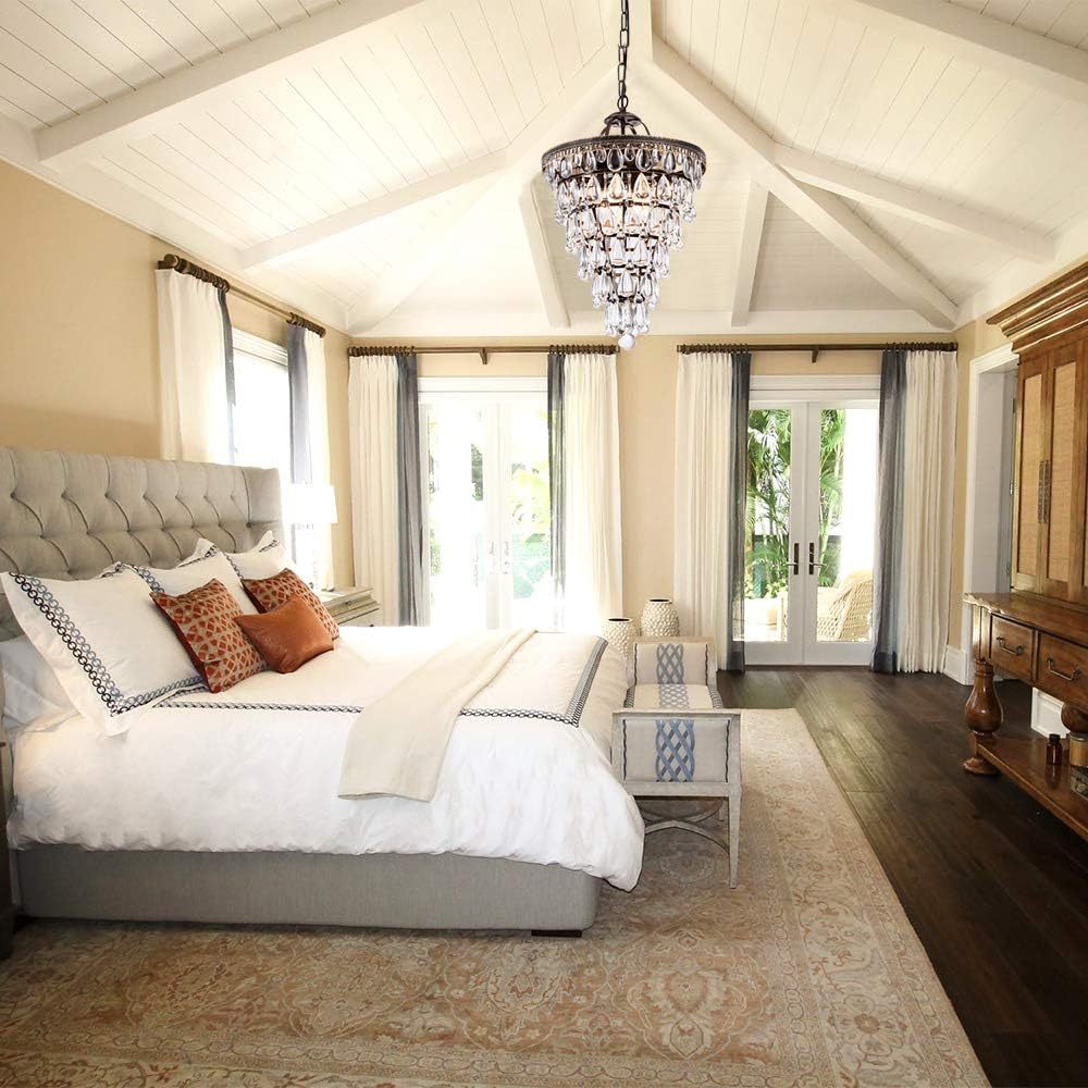 14 Inch Crystal Chandelier,Farmhouse Bronze Bathroom Chandeliers,4-Light Foyer Lighting Hanging Pendant Light Fixture for Bedroom Entryway Living Kids Room Corridor Closet