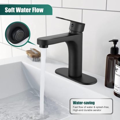 Matte Black Single Hole Bathroom Faucet,1 Handle Brass Bathroom Sink Faucets Basin Mixer Tap Deck Mount Lavatory Vanity Restroom Faucet Deck Plate Pop Up Drain Included