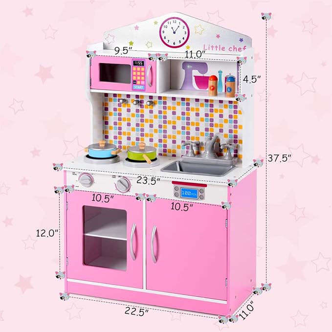 Pink Kids Kitchen Playset, Pretend Play Kitchen for Toddlers