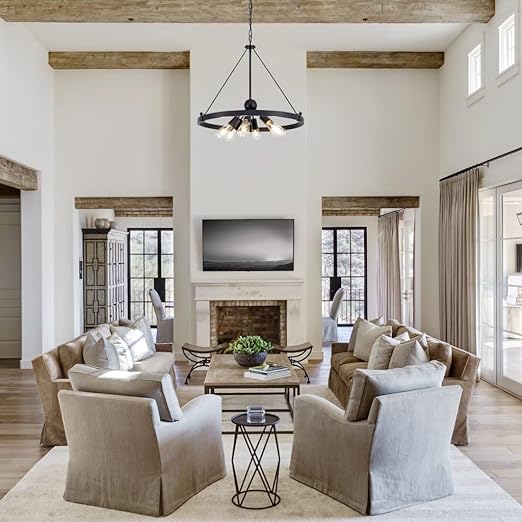 Farmhouse Chandelier Diam 38'', Large Wagon Wheel Chandelier Wild West for Dining Room, Rustic Metal Finish with 8 Lights Sputnik Chandelier (Black, Small)